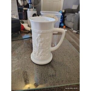 Vintage White Milk Glass Beer Stein Mug Raised Relief Tavern Scene